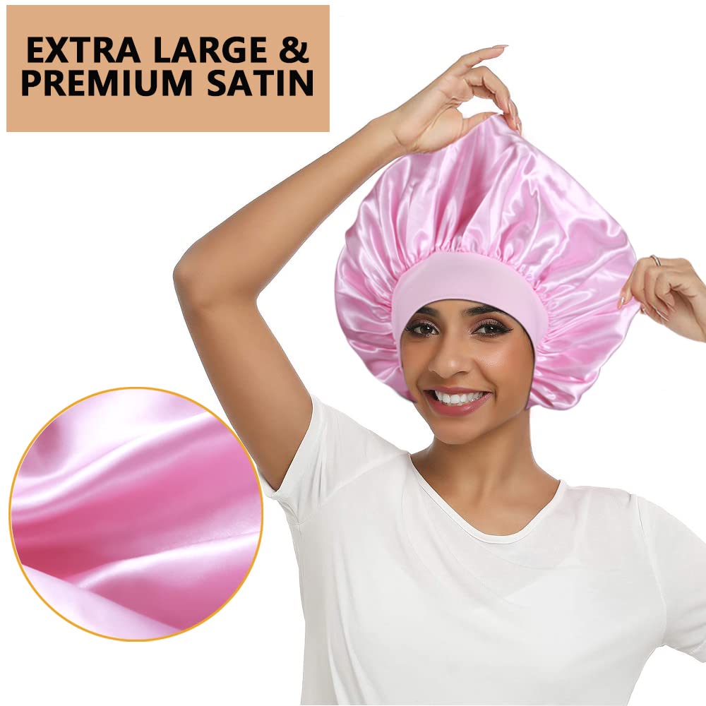 3PCS Extra Large Satin Bonnets for Sleeping, Hair Bonnets for Black Women Braids Curly Hair, C