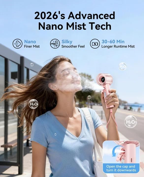 KIMMOO Portable Misting Fan, USB Rechargable Handheld Fan with Water Spray Mist, Up to 13 Hrs Cooling, 25000PRM, 100 Speeds, 50ml Water Tank, Personal Turbo Fan for Travel/Makeup/Office/Outdoor, Black