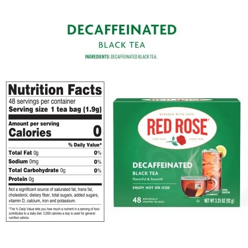Red Rose Decaffeinated Black Tea, Smooth & Flavorful, 48 Tea Bags 3 Pack