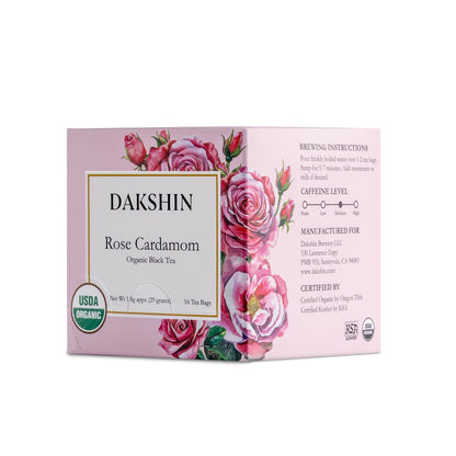 DAKSHIN Organic Rose Cardamom Tea Bags | Black Tea with Rose Petals, Ginger Root & Cloves | Naturally Warming & Comforting | USDA Organic | 16 Tea Bags
