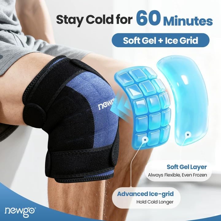 NEWGO 360° Knee Ice Pack Wrap, 60 Minutes Extended Cold Therapy with Ice Grid Gel, Ergonomic Y-Shape Snug Fit for Sports & Surgery Recovery, Swelling, Leak-Resistant, Reusable Design