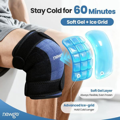 NEWGO 360° Knee Ice Pack Wrap, 60 Minutes Extended Cold Therapy with Ice Grid Gel, Ergonomic Y-Shape Snug Fit for Sports & Surgery Recovery, Swelling, Leak-Resistant, Reusable Design