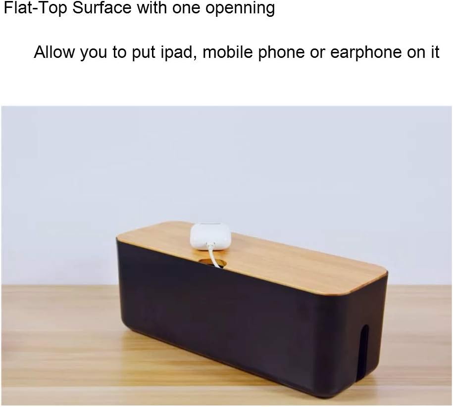 Cable Management Box with Bamboo Lid, Small Power Strip Organizer, Black