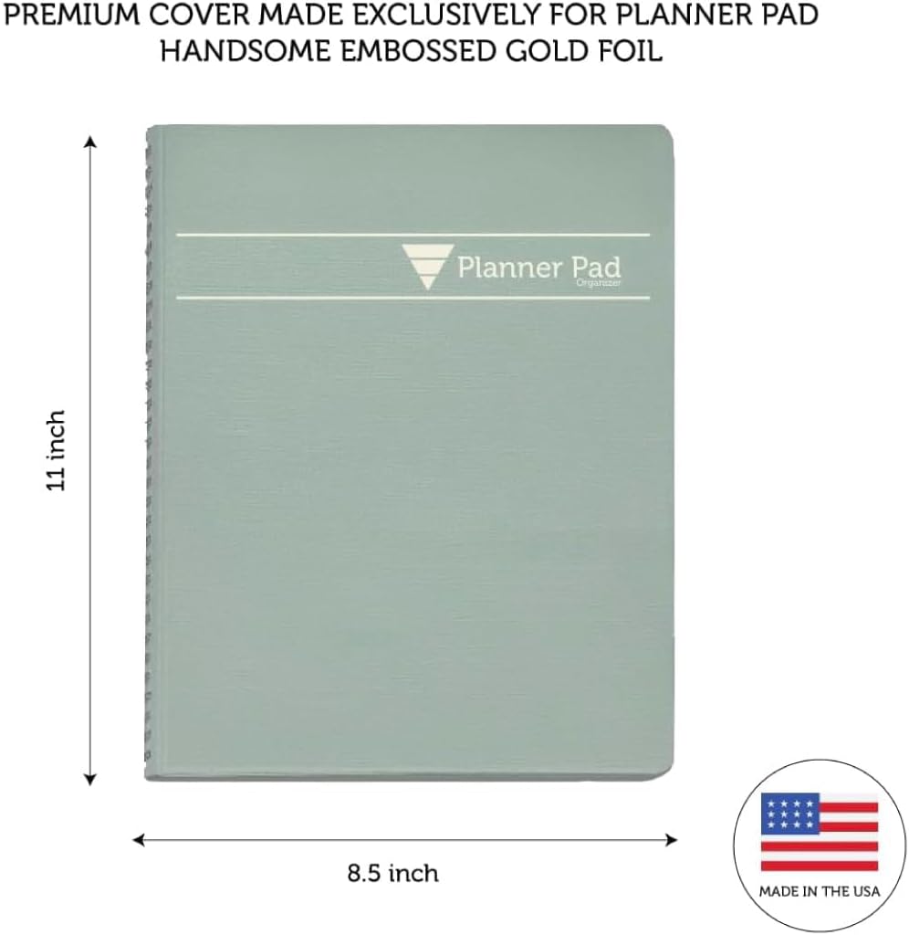 Planner Pad Spiral Bound July 2026 – June 2027 / Academic Year 8 1/2" x 11" Large 3-Tier Funnel Down 12 Month/Weekly Size Organizer, Greenish Grey Cover/Soft Green Ink