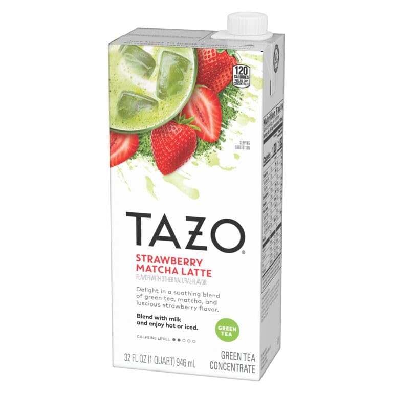 TAZO Strawberry Matcha Latte Concentrate, Flavored Green Tea and Matcha, Cafe-Style Latte Mix, 32 Oz Carton (5 Servings, Makes Up to 8 Cups)