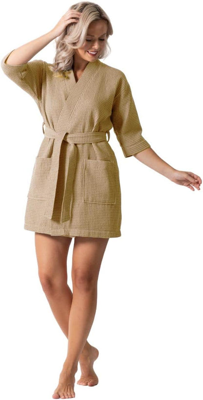 Turkish Linen Lightweight Waffle Knit Bath, Spa & Bridesmaids Kimono Short Robes for Women - Quick Dry & Soft