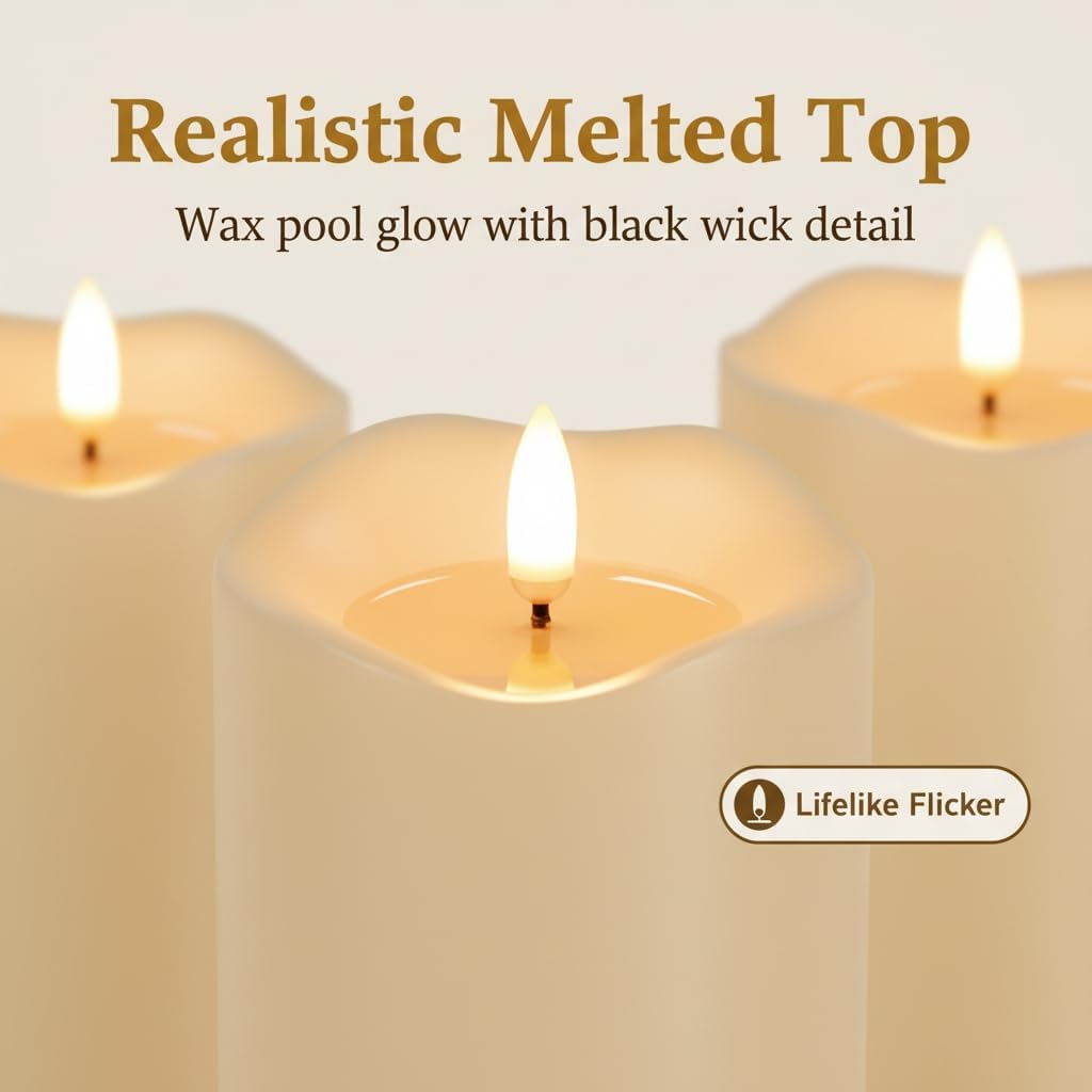 ANGELLOONG Flickering Flameless Candles, Realistic Battery Operated Candles with Remote and Timer, Set of 3 LED Candles for Fall Room Home Wedding Decor Centerpieces Table Party Christmas Decorations
