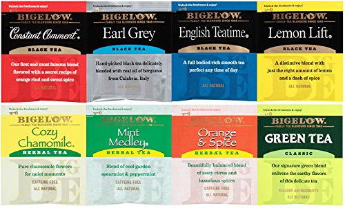 Bigelow Tea Caffeine Free 6 Flavor Herbal Tea Variety Pack, Decaf Tea with Mint Medley, Cozy Chamomile, Orange and Spice, Sweet Dreams, Perfect Peach, and Lemon Ginger, (Pack of 6), 118 Total Tea Bags