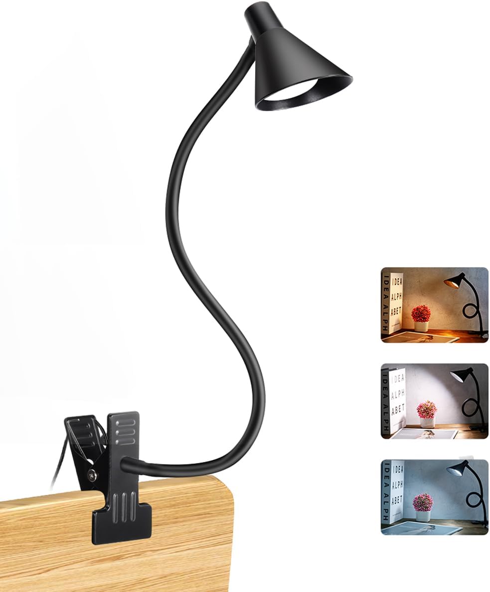 LiFMIRA Clip on Light USB Reading Light Desk Lamp 3 Color Modes Black