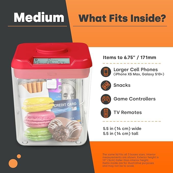 Kitchen Safe Time Locking Container (Medium), Timed Lock Box for Cell Phones, Snacks, and other unwanted temptations (White Lid + 5.5” Clear Base)