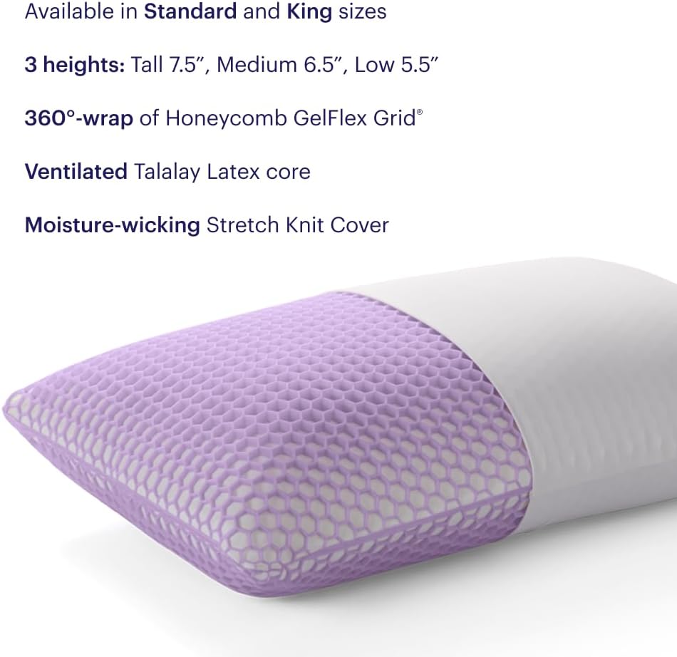 Purple Harmony Pillow - Medium Loft, Standard Size - Cooling Gel Neck and Side Sleeper Pillow, Weightless Medium Feel, GelFlex Grid and Talalay Latex Foam for Pressure-Relieving Support