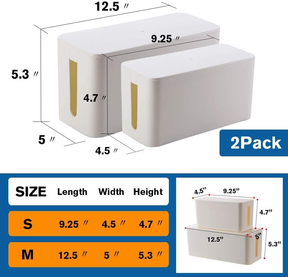 Cable Management Box Organizer, Pack of 2 Wire Concealer to Cover Hide Surge Protector & Power Strip on Desk Floor, with 5 Cord Fastening Tapes for Office, Home, Kitchen (Luxury Black)