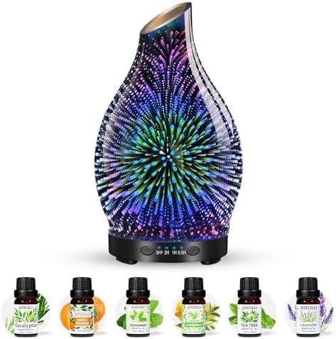120ML Essential Oil Diffuser, 3D Glass Aromatherapy Diffuser with Auto Shut-Off and 7 Color LED Lights, Ultrasonic Mist Humidifier with 4 Timer for Home Office Bedroom (3D Fireworks)