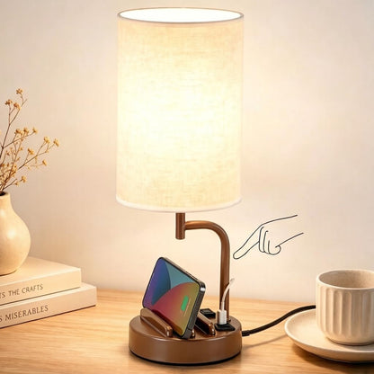 Dreamholder Touch Control USB Table Lamp with USB C/A & AC Outlet, 3-Way Dimmable Bedside Lamp, Modern Nightstand Lamps for Bedroom Living Room Guest Room Office, Bulb Included, Gold