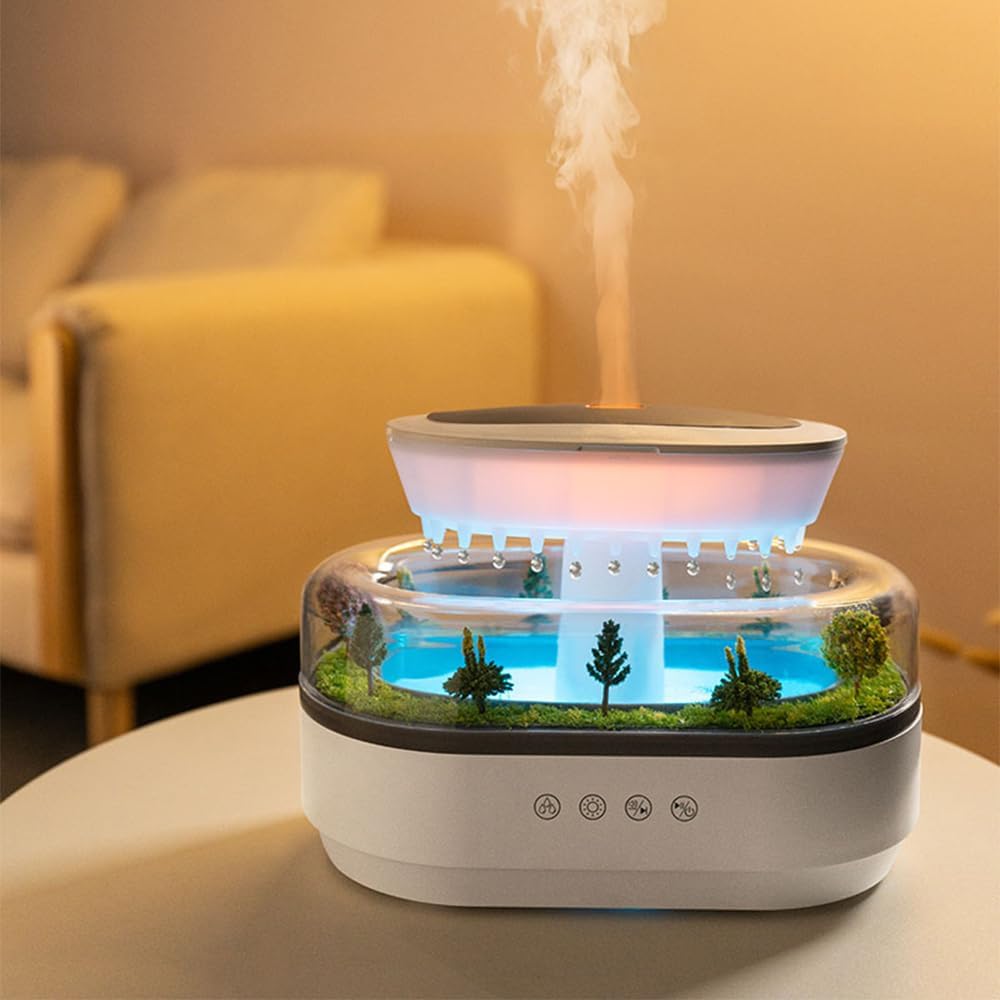 Rain Cloud Aromatherapy Diffuser Air Humidifiers Water Drip,Micro Landscape Essential Oils Ultrasonic Diffuser Flame for Sleeping and Relaxing (white 2)