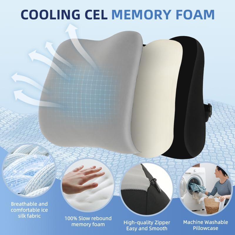 Lumbar Support Pillow for Office Chair, Memory Foam Lumbar Pillow for Lower Back Pain Relief (Grey)