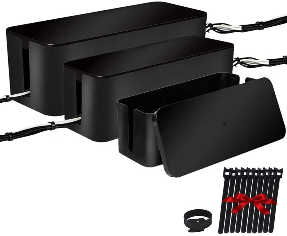 [Set of Three] Cable Management Boxes Organizer, Large Storage Wires Keeper Holder for Desk, TV, Computer, USB Hub, System to Cover and Hide & Power Strips & Cords (Ice White)