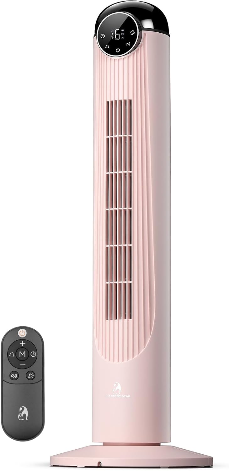 Antarctic Star T36 Tower Fan-36 Inch, Bladeless Oscillating Fan with Remote, 6 Speeds & 4 Modes, LED Display, 9H Timer, Quiet Floor Standing Fan for Bedroom Living Room Office, Pink
