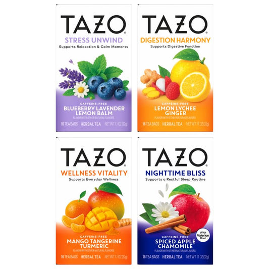 TAZO Herbal Tea Variety Pack, Nighttime Bliss Spiced Apple Chamomile, Digestion Harmony Lemon Lychee Ginger, Stress Unwind Blueberry Lavender Lemon Balm, Wellness Vitality Mango Tangerine Turmeric, 1 of Each (Variety Pack)