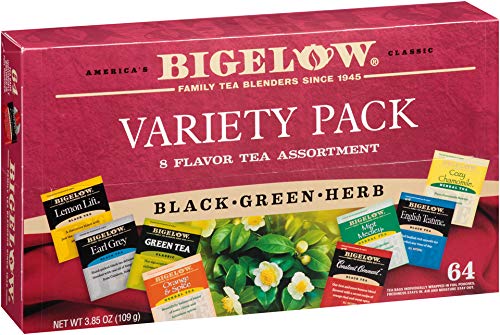 Bigelow Tea Caffeine Free 6 Flavor Herbal Tea Variety Pack, Decaf Tea with Mint Medley, Cozy Chamomile, Orange and Spice, Sweet Dreams, Perfect Peach, and Lemon Ginger, (Pack of 6), 118 Total Tea Bags