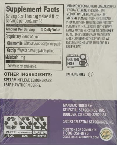 Celestial Seasonings Sleepytime Tea Plus Melatonin, Caffeine Free, Celestial Seasonings Herbal Tea, 18 Bag Box