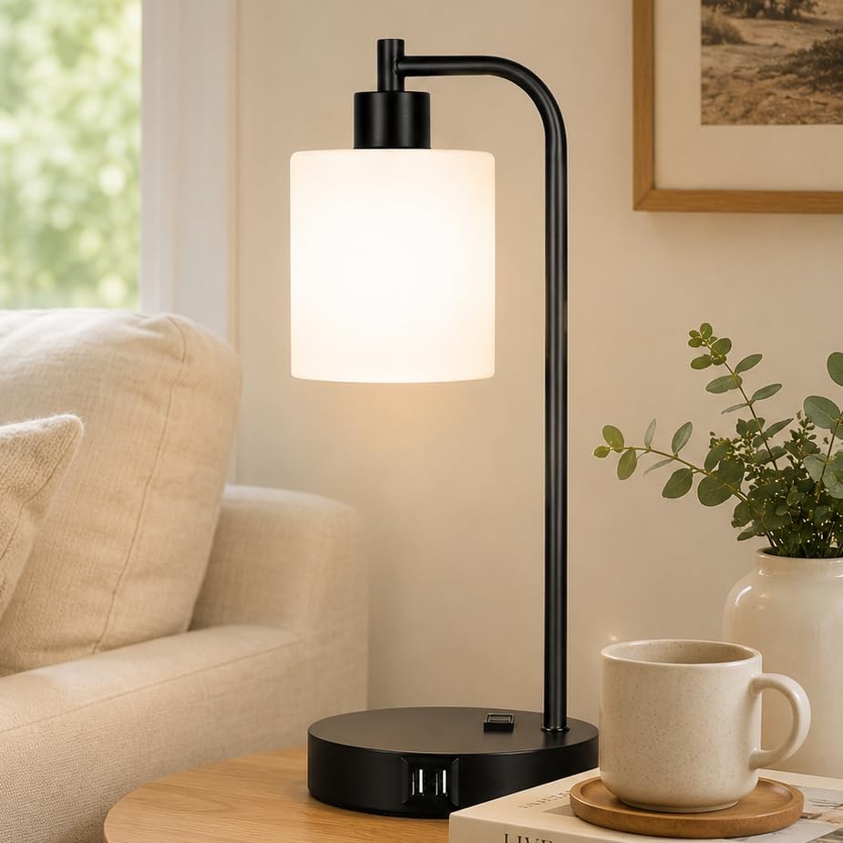 Set of 2 Industrial Touch Control Table Lamps with USB C+A Ports and AC Outlet - 3-Way Dimmable Black Bedside Lamps Nightstand Desk Lamps for Bedroom Living Room, Glass Shade & 2 LED Bulbs Included
