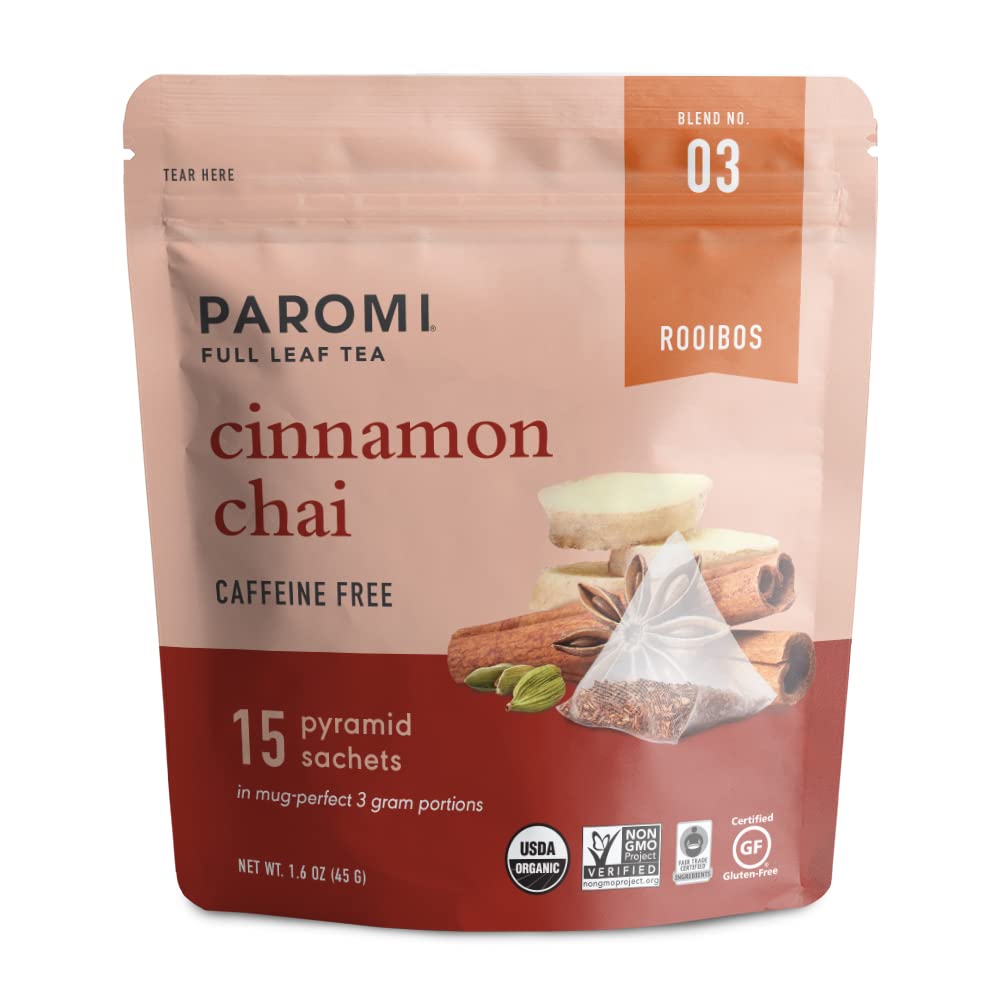Paromi Organic Cinnamon Chai Rooibos Tea, 15 Full-Leaf Pyramid Sachets in a Resealable Pouch — Caffeine-Free Chai with Cinnamon, Ginger, Clove & Cardamom, Non-GMO