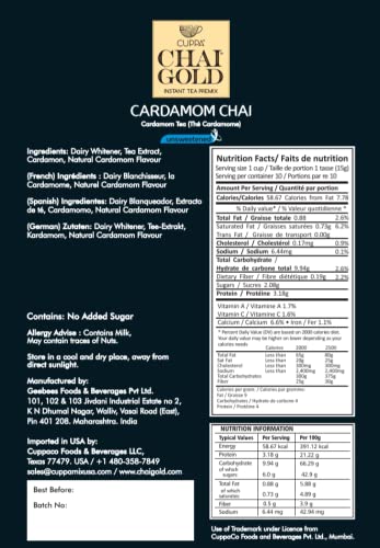Cuppa Chai Gold Cardamom Chai Instant Tea Premix Unsweetened, No Added Sugar, Rich Cardamom Flavor Tea Beverage Mix, Just Add Hot Water, Convenient Single-Serve Sachets for Home, Office & Travel, Pack of 1 (10 Count)