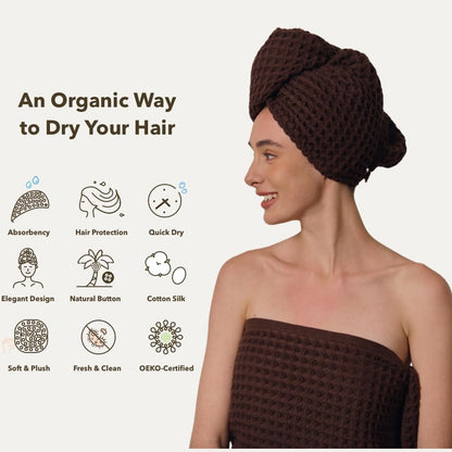 Luxury Organic Japanese Cotton Hair Drying Waffle Towel Wrap for Women | Absorbent, Quick-Dry Head Turban for Shower, Sauna, Spa | Extra Large for Long, Curly, Straight Hair With Button (White, 1 Pc)
