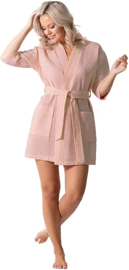 Turkish Linen Lightweight Waffle Knit Bath, Spa & Bridesmaids Kimono Short Robes for Women - Quick Dry & Soft