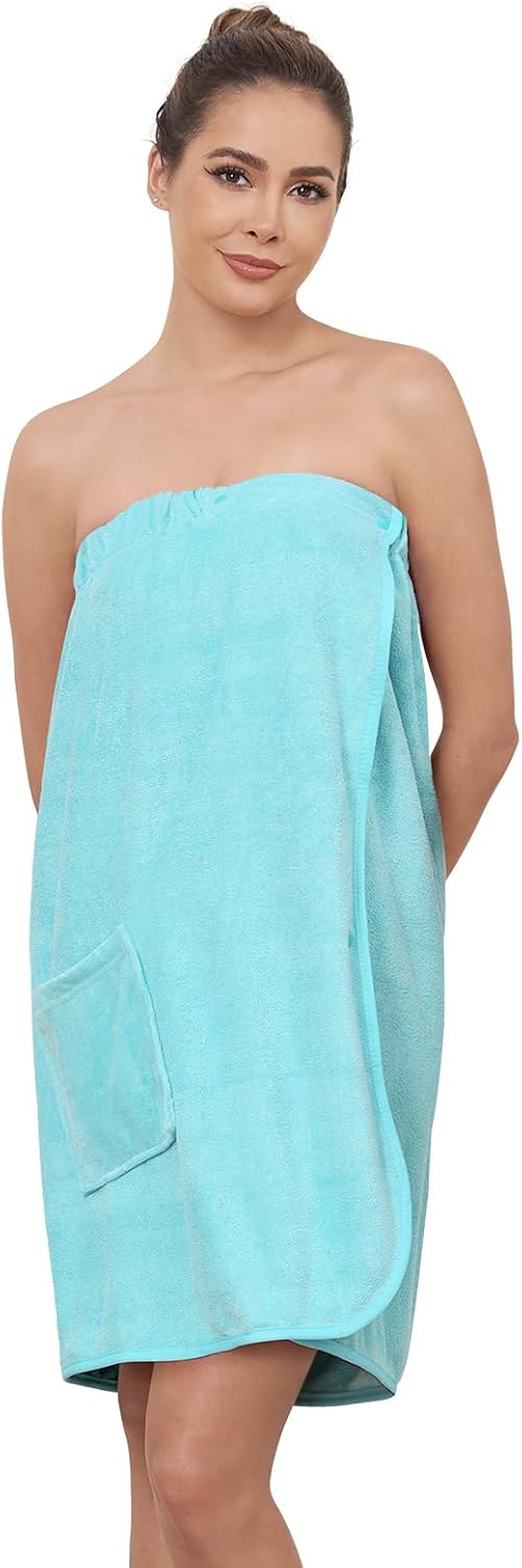 AMVELOP Womens Knee Length Wrap Towel,Button Bath Robe Adjustable Closure,Lightweight Spa Bathrobes With Pocket