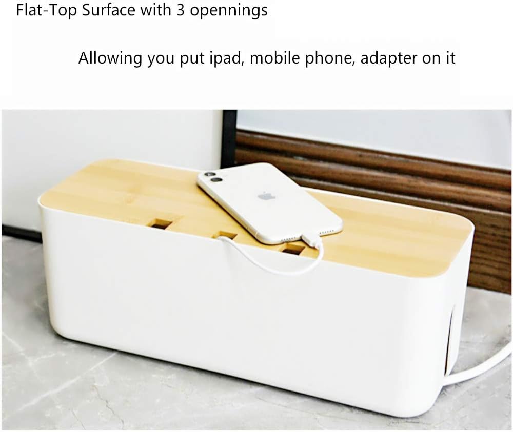 Cable Management Box with Bamboo Lid, Small Power Strip Organizer, Black