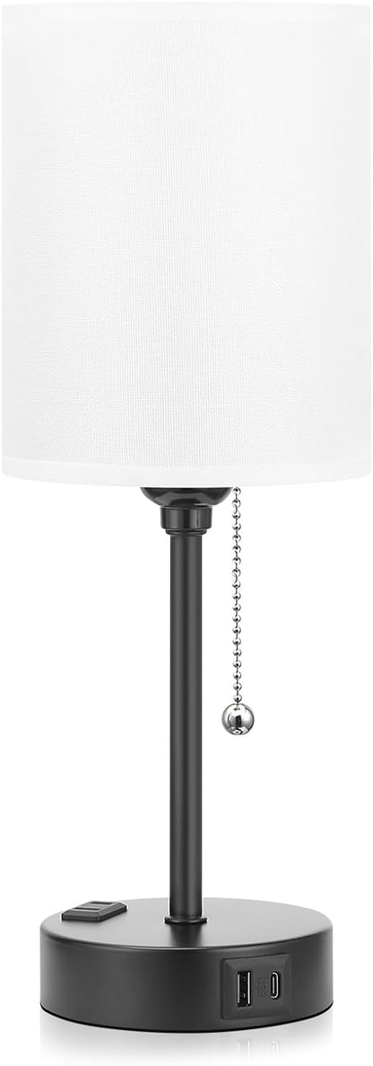 Small Bedside Table lamp for Bedroom - 3 Color Temperatures Bedside Lamps with USB C and A Ports, Pull Chain Table Lamps with AC Outlet, White Nightstand Lamps with Black Metal Base for Kids Reading