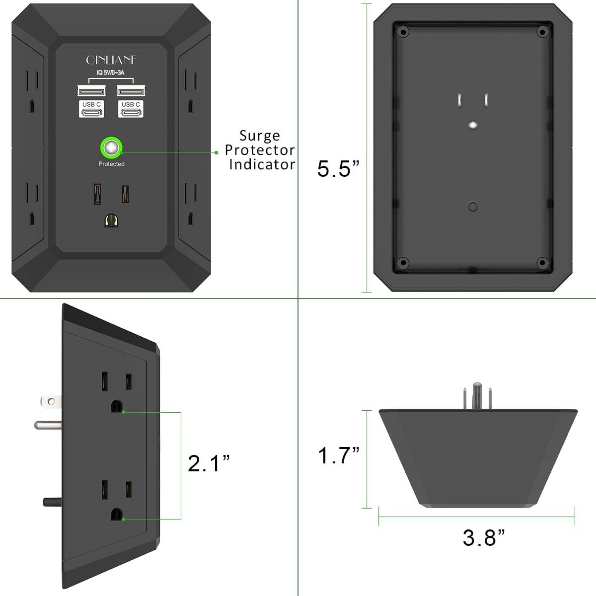 Wall Charger, Surge Protector, QINLIANF 5 Outlet Extender with 4 USB Ports