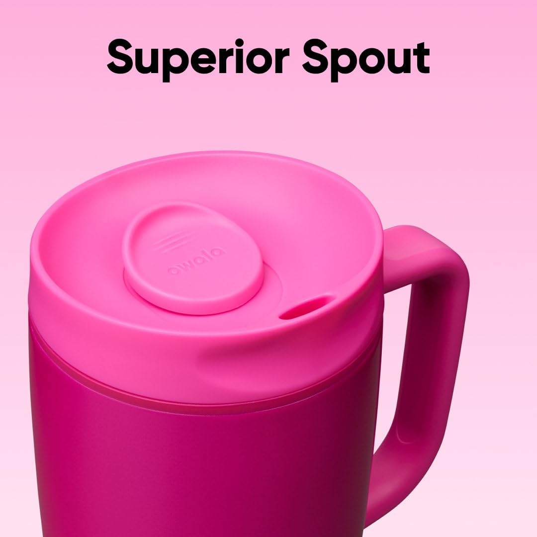 Owala SmoothSip Slider Insulated Stainless Steel Coffee Tumbler, Reusable Iced Coffee Cup, Hot Coffee Travel Mug, BPA Free 12 oz, Pink (Pucker Up)