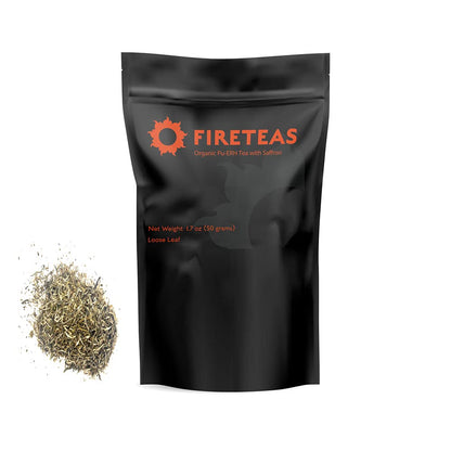 FIRE TEAS Pu-ERH Loose Leaf Saffron Tea - Aged, Smooth & Elegant Taste - Caffeinated - White buds from old Yunnan Pu'erh Trees -