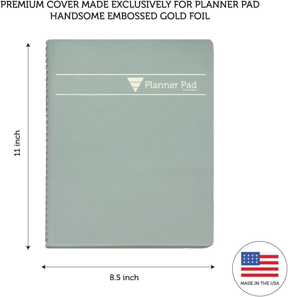 Planner Pad Spiral Bound July 2026 – June 2027 / Academic Year 8 1/2" x 11" Large 3-Tier Funnel Down 12 Month/Weekly Size Organizer, Greenish Grey Cover/Soft Green Ink