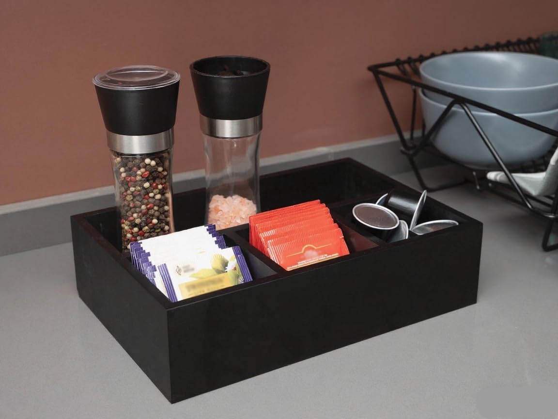 Tea Bag Box Black 6 Compartments Tea Organizer Storage Wood Drawer Station