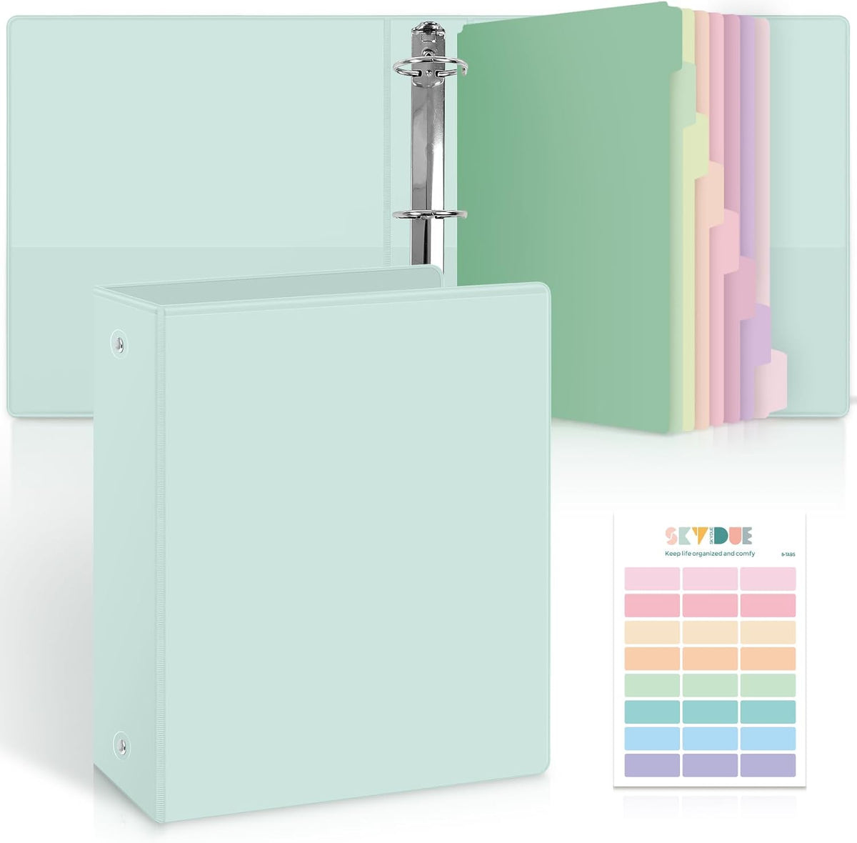 SKYDUE 1 Inch 3 Ring Binder with 8 Tab Dividers & 24 Labels, Pastel Binder Organizer for Letter Size Paper, Aesthetic School Binder for Notes, Documents, Office & Home Organization, Purple
