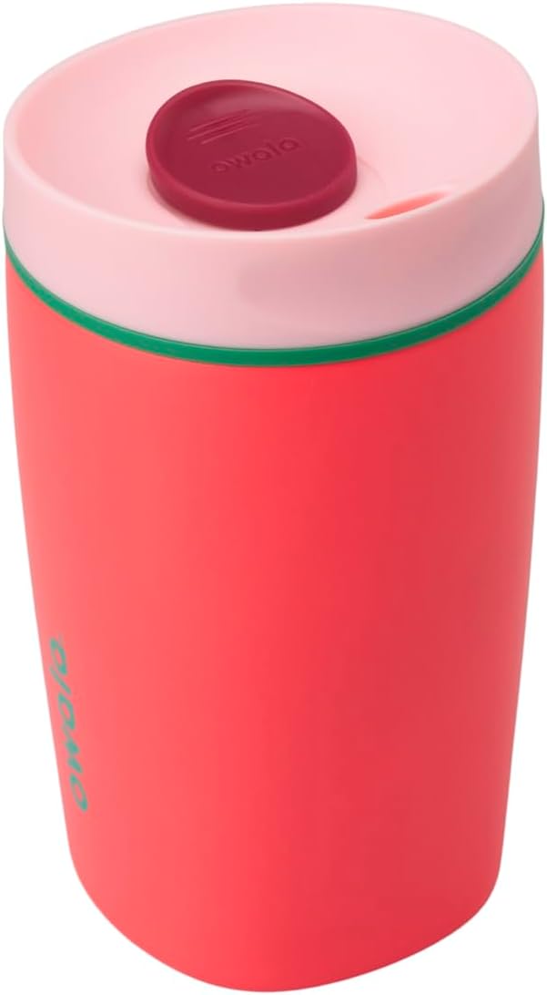 Owala SmoothSip Slider Insulated Stainless Steel Coffee Tumbler, Reusable Iced Coffee Cup, Hot Coffee Travel Mug, BPA Free 12 oz, Pink (Pucker Up)
