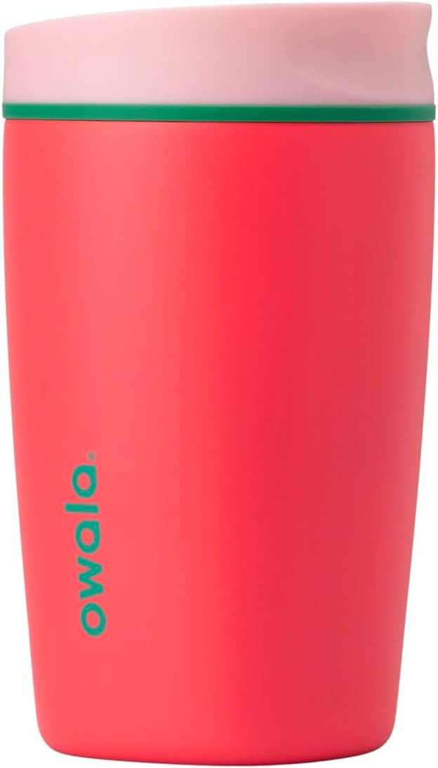 Owala SmoothSip Slider Insulated Stainless Steel Coffee Tumbler, Reusable Iced Coffee Cup, Hot Coffee Travel Mug, BPA Free 12 oz, Pink (Pucker Up)