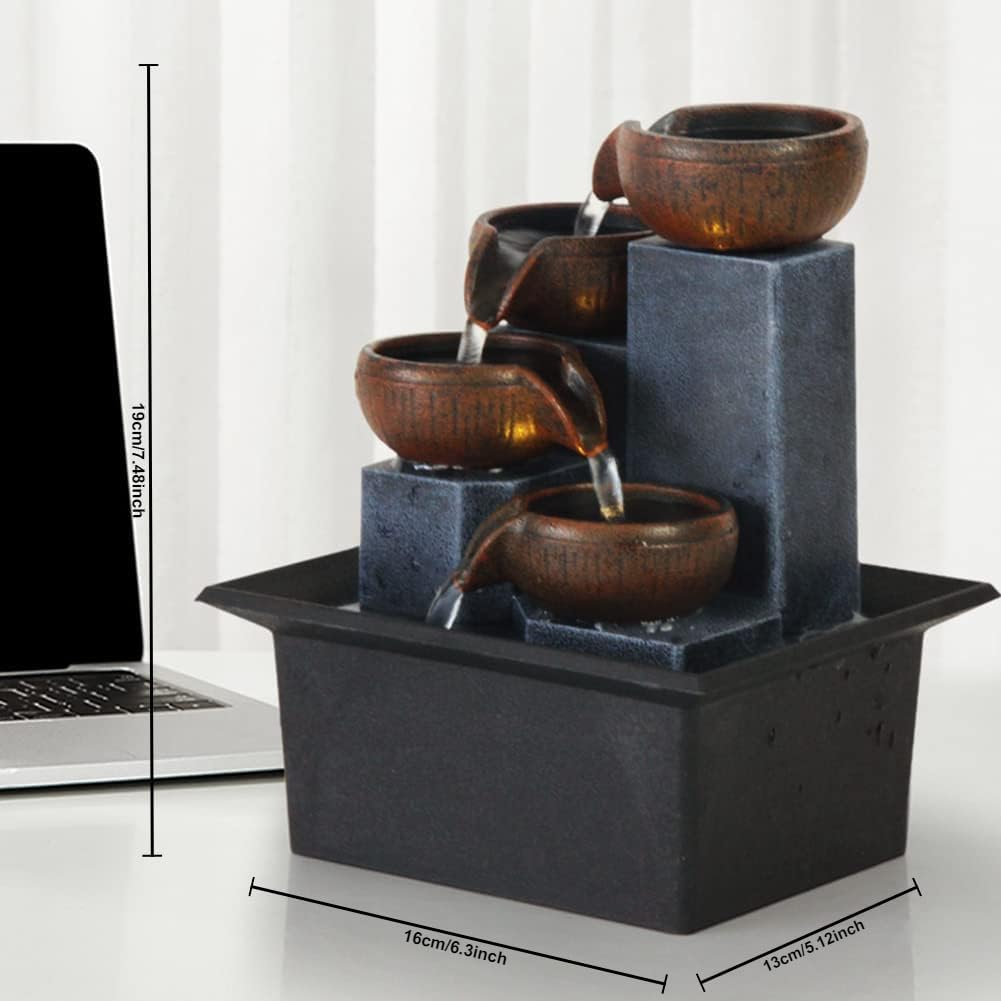 Indoor Desktop Fountain 4-Tier Desktop Fountain with Warm LED Lights & 3-Speed Adjustable Pump - Ideal for Bedrooms, Offices & Home Décor