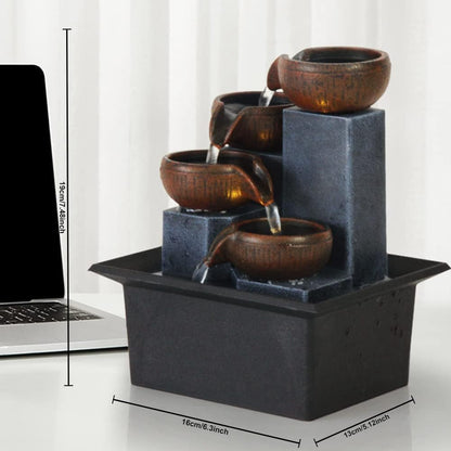 Indoor Desktop Fountain 4-Tier Desktop Fountain with Warm LED Lights & 3-Speed Adjustable Pump - Ideal for Bedrooms, Offices & Home Décor