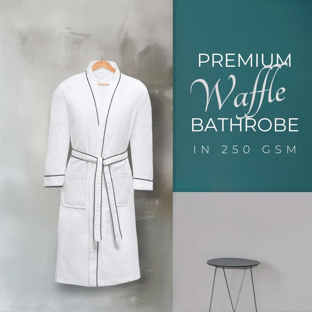 Looperry Unisex White Waffle Bathrobe (1 Piece) Luxurious & Lightweight Shower Robe in Organic Cotton Poly Blend