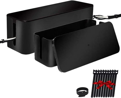 Cable Management Box Organizer, Pack of 2 Wire Concealer to Cover Hide Surge Protector & Power Strip on Desk Floor, with 5 Cord Fastening Tapes for Office, Home, Kitchen (Luxury Black)
