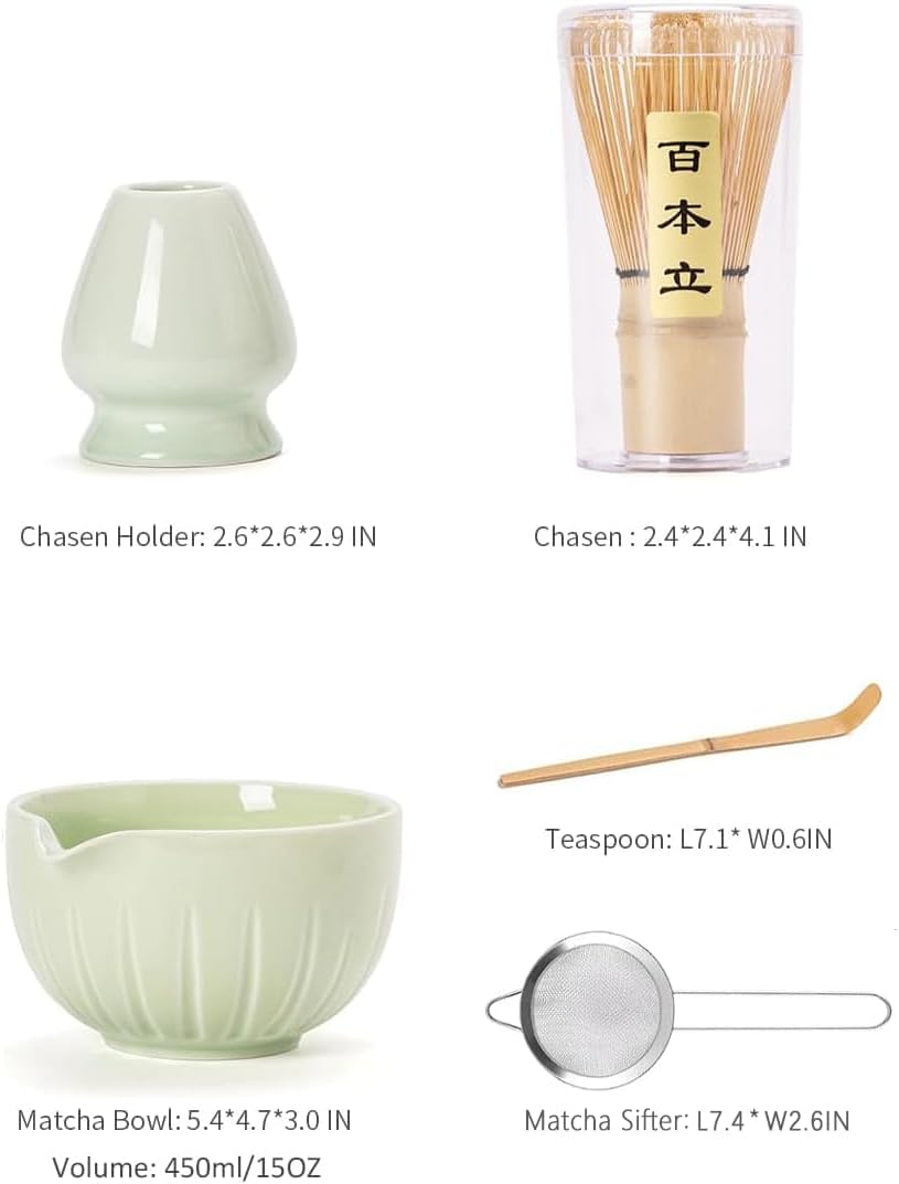 TANG PIN Matcha Set - Match Bowl and Whisk, 15 OZ, Matcha Scoop | Matcha Whisk Stand (Chasen Holder) - 5pc Perfect Matcha Kit for Matcha Tea Ceremony (Mottled Green)