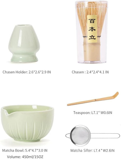 TANG PIN Matcha Set - Match Bowl and Whisk, 15 OZ, Matcha Scoop | Matcha Whisk Stand (Chasen Holder) - 5pc Perfect Matcha Kit for Matcha Tea Ceremony (Mottled Green)