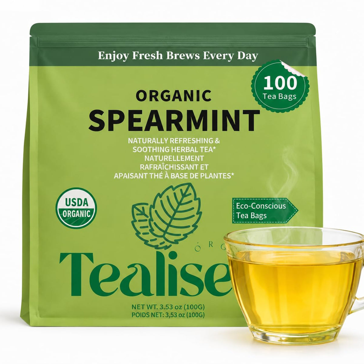 Organic Spearmint Tea Bags 100 Count – Spearmint Herbal Tea – Caffeine Free Mint Tea – Fresh, Smooth and Naturally Refreshing – Eco-Conscious Plant-Based Tea Bags by Tealise