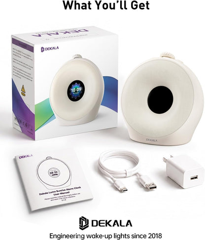 Dekala Sunrise Alarm Clock for Heavy Sleepers with Pulse Wake, Sunset Sound Machine with Breathing Ambient Light, Loud Alarm for Bedrooms, Wake Up Light, Digital Color Display & 7 Themes, No App