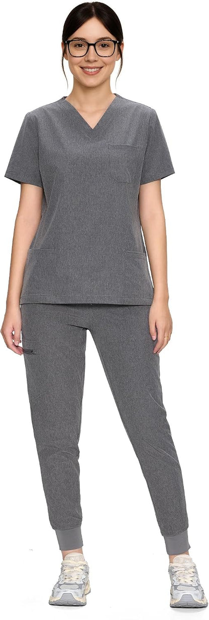 COZYFIT Scrubs for Women Set - Stretch V-Neck Scrub Top & Jogger Pant with 8 Pockets COZY SCRUBS - Colors D